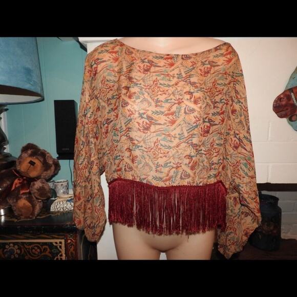 WINTER KATE FRINGED KIMONO SLEEVE TOP MADE OF VINTAGE SILK M - Picture 5 of 5
